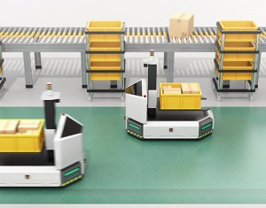 AGV (véhicule à guidage automatique) autonome avec chariot élévateur transportant un conteneur à côté du convoyeur.Image de rendu 3D.