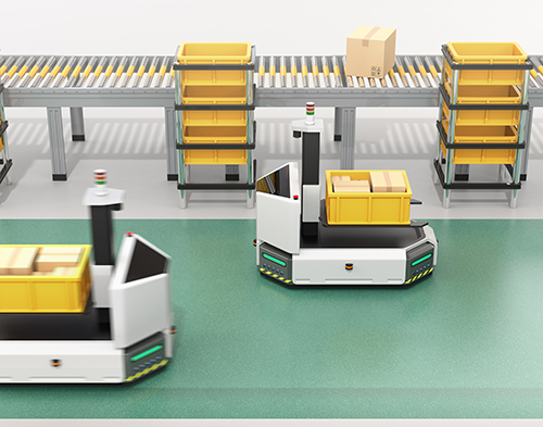 AGV mengemudi mandiri (Kendaraan berpemandu otomatis) dengan forklift membawa kotak kontainer di samping konveyor.Gambar rendering 3D.